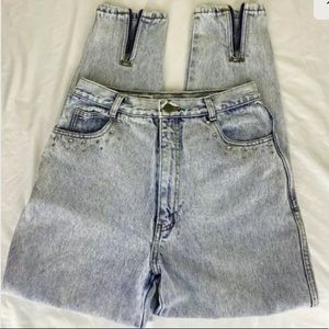Vintage Mixed Blues Acid Wash Mom Jeans Studded & Zipper Ankle 80's Retro 28 sz6